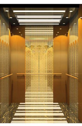 1. Ceiling：D58018(mirror st.st.,acrylic light decoration,LED light）
2. Car wall：Three sdie car wall center panel Ti-gold mirror etched st.st.,auxiliary panel Ti-gold hairline st.st.,front car wall Ti-gold hairline st.st.
3. Handrail:D77009(Ti-gold mirror st.st.)
4. Floor：Marble（D62020）