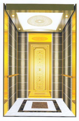 1. Ceiling：D58016(Mirror st.st. frame,image arch ceiling）
2. Car wall：Rear wall center panel embossment and Ti-gold mirror st.st.,auxiliary panel Ti-black horizontal hairline st.st.,two sides wall center panel Ti-black horizontal hairline st.st.,auxiliary panel Ti-gold mirror st.st.,front wall Ti-black horizontal hairline st.st.
3. Handrail:D77009(Ti-gold mirror st.st., round handrail)
4. Floor：Marble（D62009）