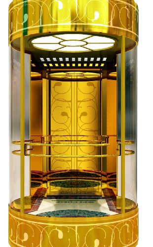 Semi-circular observation elevator
1. Upper/lower shades:Ti-gold etched,steel plate baked enamel 
2. Sightseeing wall:Glue-compressed glass
3. Ceiling:Steel plate baked ename,acrylic lighting decoration.
4. Car wall:Ti-gold mirror etched st.st.
5. Handrail:Ti-gold st.st.
6. Floor:PVC(optional:marble)
